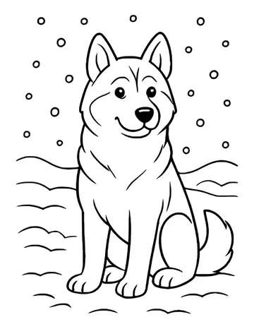 Husky dog sitting on snowy ground and smiling as round snowflakes fall around it