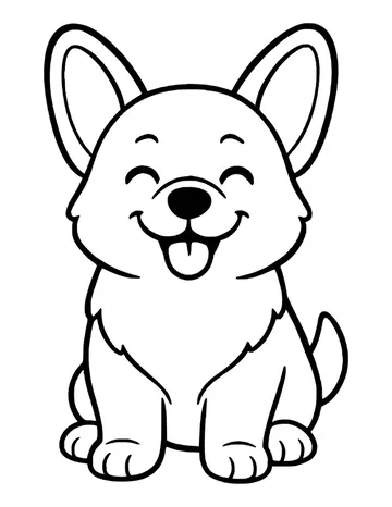 Corgi puppy sitting with eyes squeezed shut in a big happy laugh, ears up and tongue showing