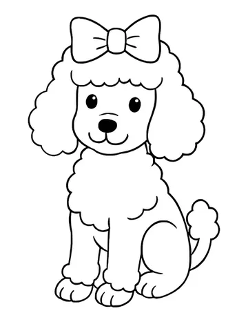 Poodle sitting and facing forward, wearing a large bow on top of its curly head