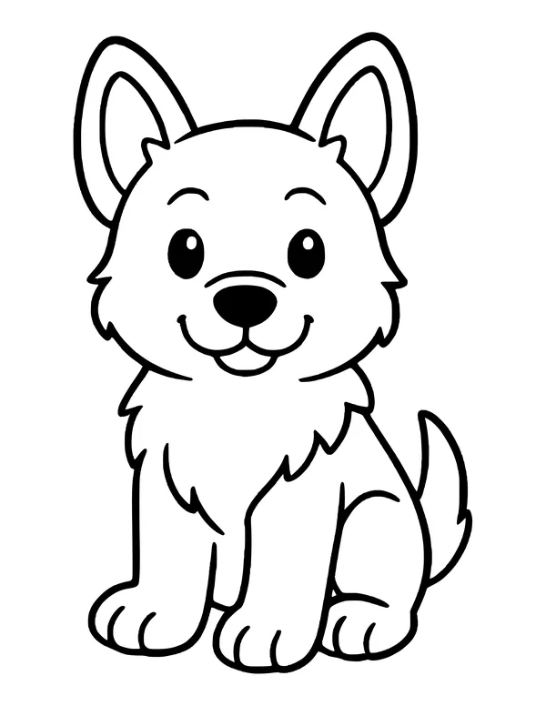 German shepherd puppy with a wide smile and black nose, sitting slightly turned with its tail up