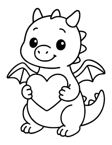 Cute baby dragon with little horns and wings, hugging a heart against its chest