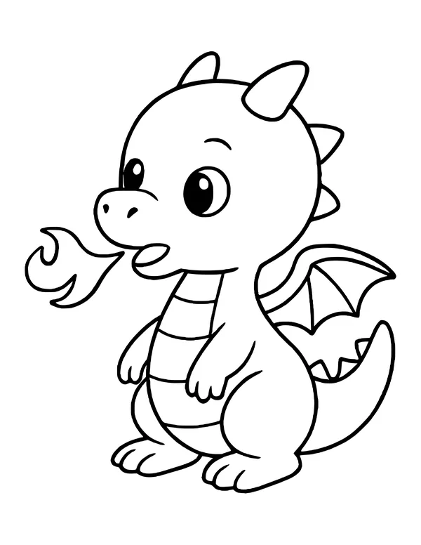 Baby dragon standing on its back legs, blowing a small curly flame from its mouth
