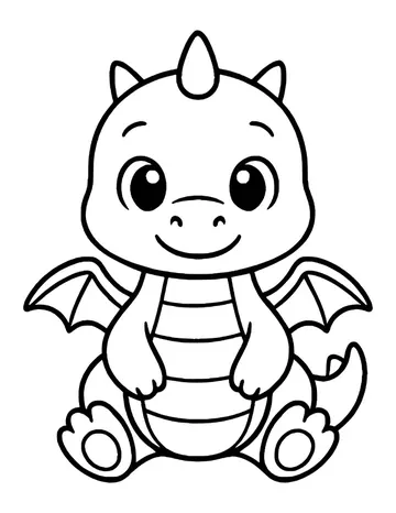 Cute baby dragon with big round eyes, a single horn and small wings, sitting with its belly stripes showing