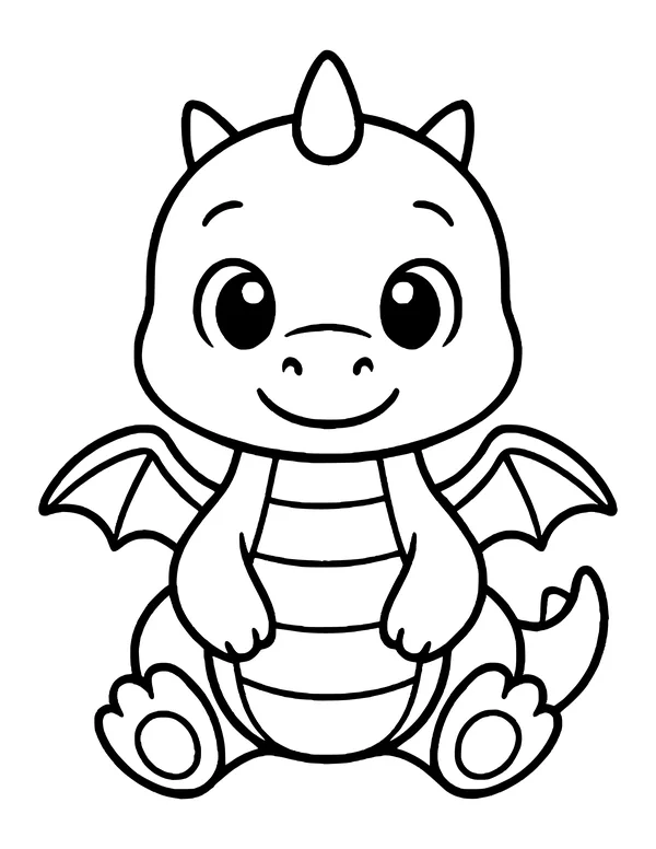 Cute baby dragon with big round eyes, a single horn and small wings, sitting with its belly stripes showing