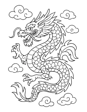 Chinese dragon with open mouth and long whiskers coiling down the page, swirl clouds around it