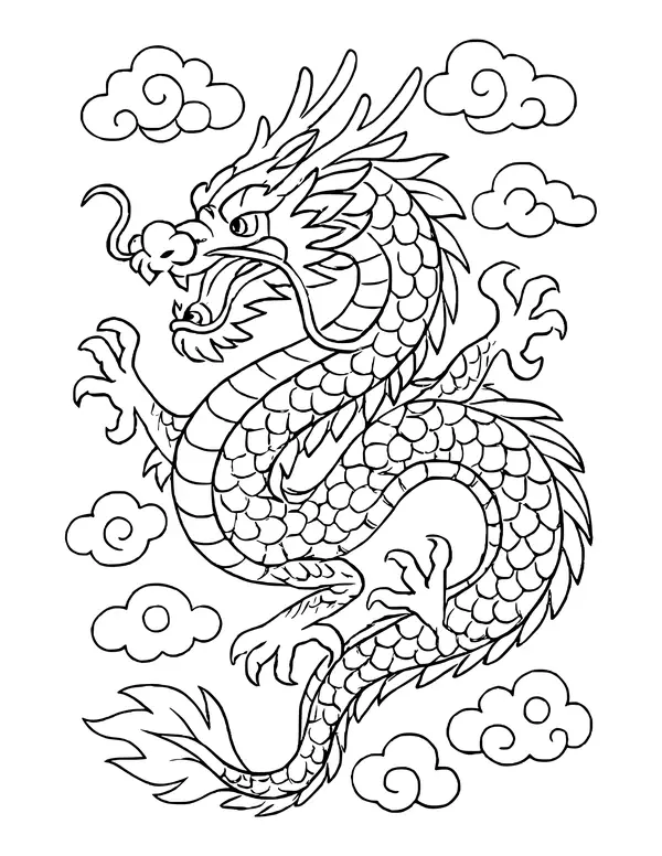 Long scaly Chinese dragon curving in an S shape among swirl clouds, with whiskers and claws
