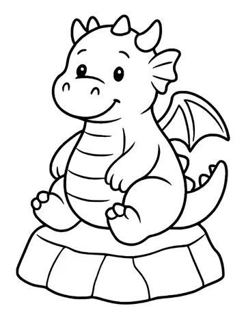 Chubby smiling dragon with small horns and wings sitting on a flat stone