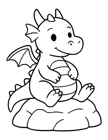 Chubby dragon sitting on a round rock with one foot raised, tail hanging over the side