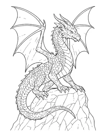 Detailed dragon with huge wings and a long scaly tail standing on a rock