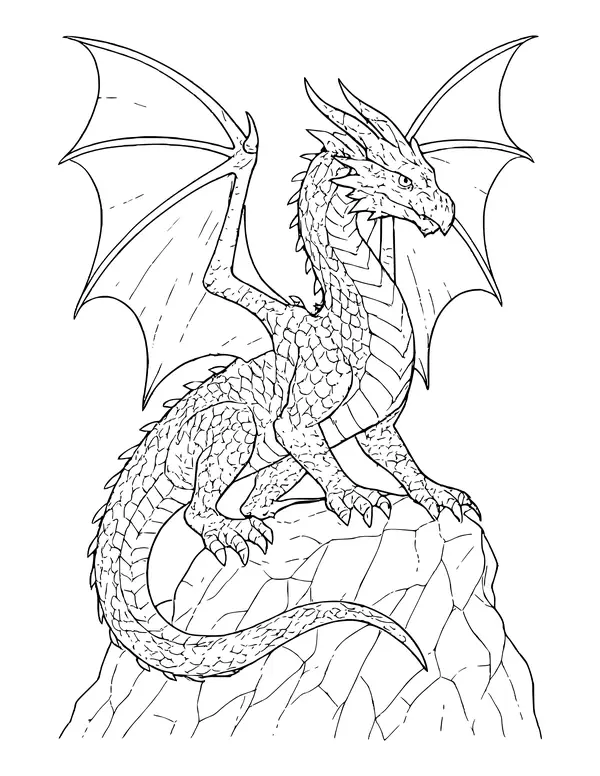 Detailed dragon with huge wings and a long scaly tail standing on a rock