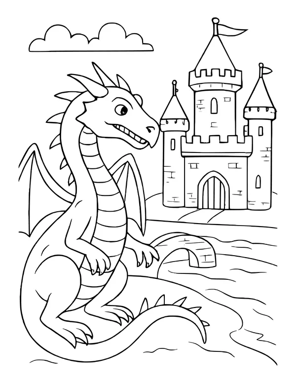 Dragon beside a moat with a stone bridge leading to a castle with towers and flags
