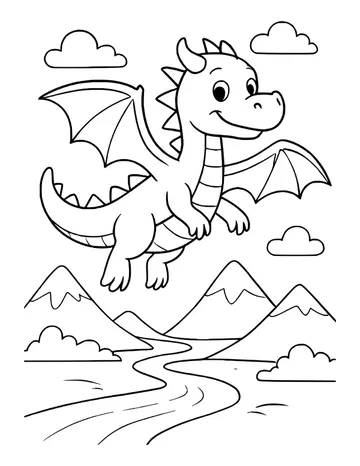 Friendly dragon flying above mountains with a river winding below