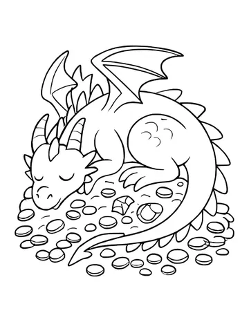 Sleeping dragon with spiky wings coiled around a pile of gold coins and a chest