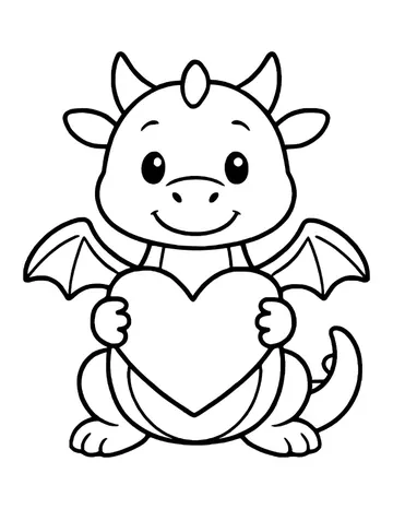 Smiling dragon with round ears, horns and wings sitting and holding a large heart in front of it