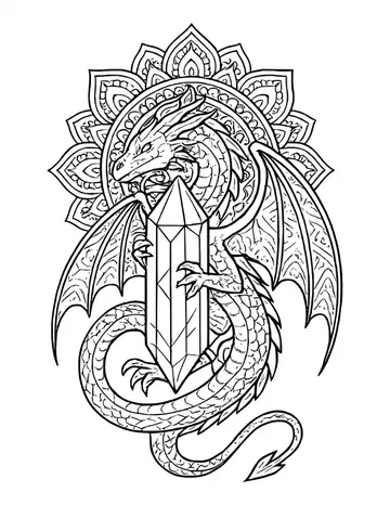 Scaly dragon wrapped around a clear crystal, wings spread, with a large mandala flower behind it