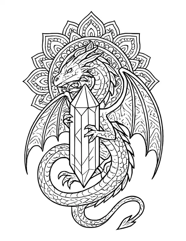 Scaly dragon wrapped around a clear crystal, wings spread, with a large mandala flower behind it