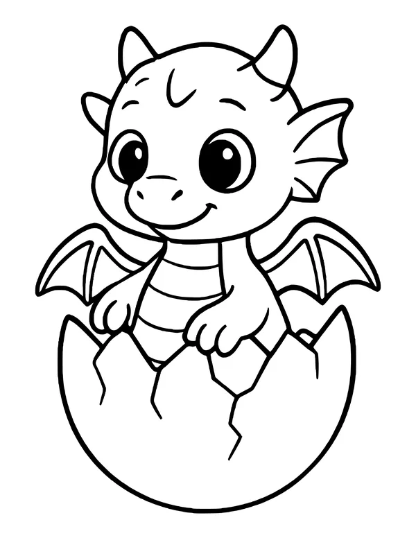 Smiling baby dragon sitting inside a cracked eggshell, horns and wings showing