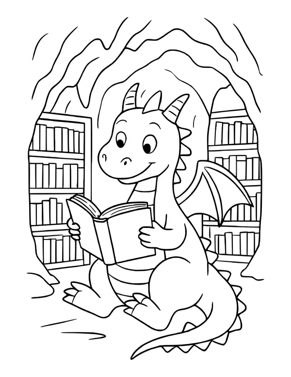 Dragon reclining in a cave with an open book, bookshelves and hanging rocks behind