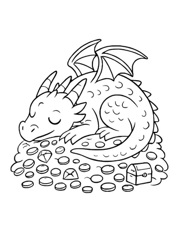 Dragon curled up asleep on a pile of coins and treasure