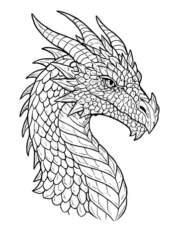 Detailed dragon head facing right with open fanged jaws, layered horns and textured scales