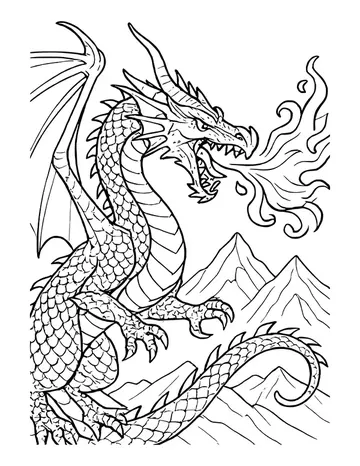 Detailed dragon facing right, breathing curling flames over mountains, its scaly tail coiled
