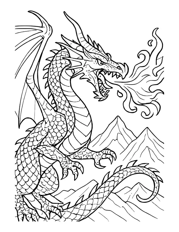 Detailed dragon facing right, breathing curling flames over mountains, its scaly tail coiled