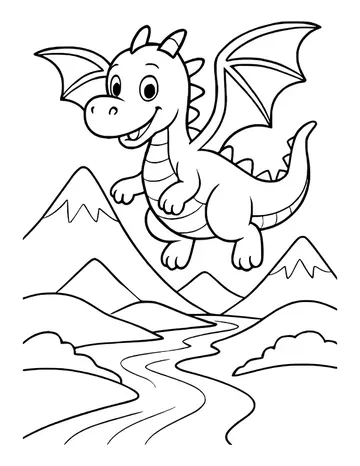 Smiling dragon with wide wings flying over hills and a river