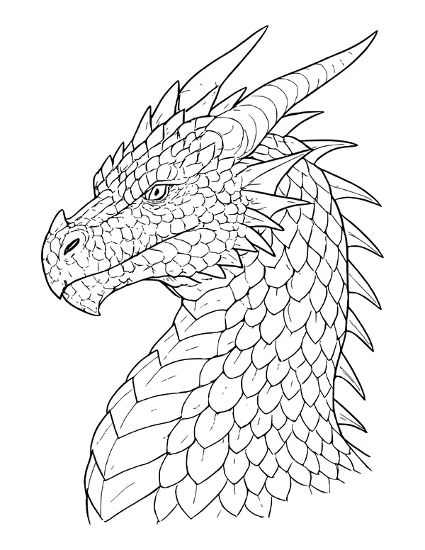 Detailed dragon head and neck in side view facing left, covered in fine scales with long horns