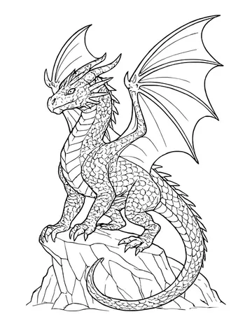 Realistic dragon with detailed scales and large spread wings, perched on a rocky peak