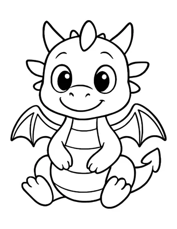 Smiling baby dragon with three horns, wide wings and a curled tail, sitting on the ground