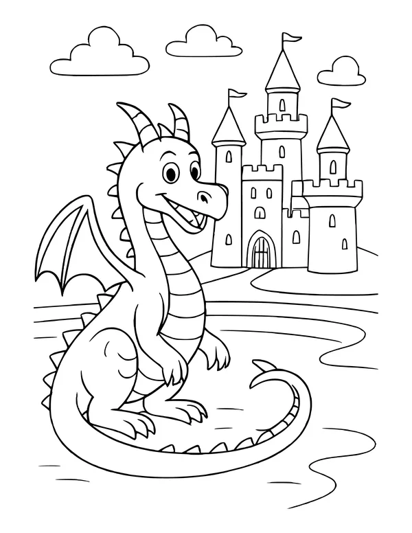 Friendly smiling dragon sitting at the edge of a moat in front of a tall castle