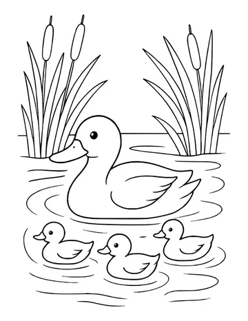 Duck swimming in a pond with three ducklings in front, tall cattails and reeds behind