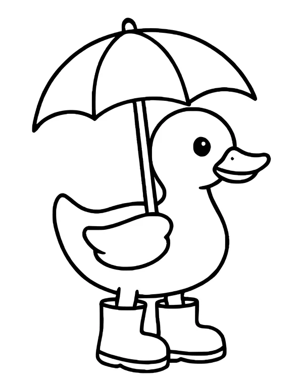 Large duck standing in tall rain boots under an open umbrella