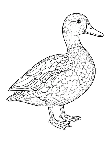 Realistic mallard duck standing upright with finely drawn scalloped feathers and webbed feet