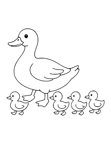 Mother duck facing left with one duckling in front and three walking behind her