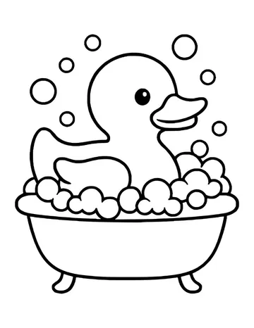 Rubber duck sitting in a clawfoot bathtub full of bubbles, more bubbles floating above