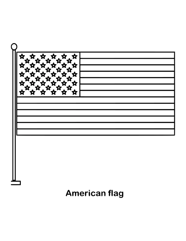 Outline of American flag on a flagpole United States on a flagpole to color