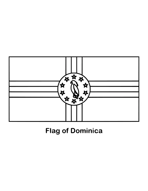 Dominica's flag is green with a cross of yellow, black and white stripes, drawn as an outline to color