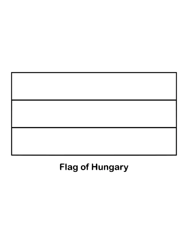 Hungary's flag has three equal stripes, red over white over green, drawn as an outline to color
