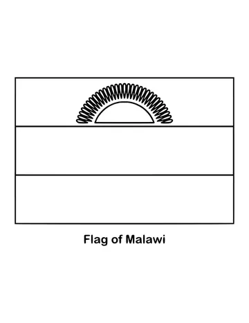 Horizontal stripes of black, red and green carry a red rising sun on the top black stripe, drawn as an outline to color