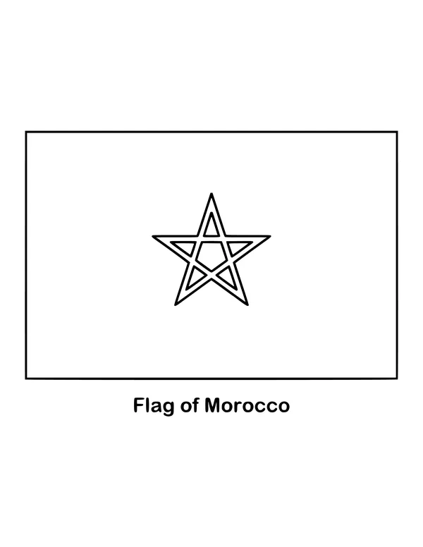 A red field holds a green five-pointed star drawn as an interlaced outline, called a pentagram, drawn as an outline to color