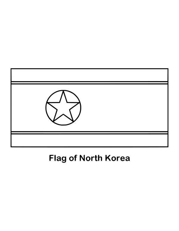 North Korea's flag has a wide red band bordered by thin white stripes and broad blue stripes, drawn as an outline to color