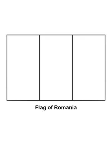 Three equal vertical bands of blue, yellow and red make up Romania's flag, drawn as an outline to color