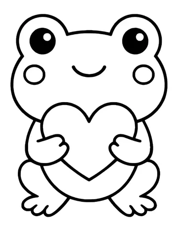 Kawaii frog with big eyes and blush cheeks hugging a heart to its chest