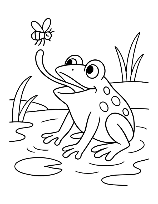 Spotted frog in pond water reaching its tongue up to a striped flying bug, lily pads nearby