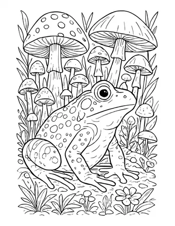 Spotted toad sitting among tall spotted mushrooms, leafy plants and small flowers