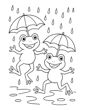Two smiling frogs dancing under open umbrellas as rain falls on the puddles below