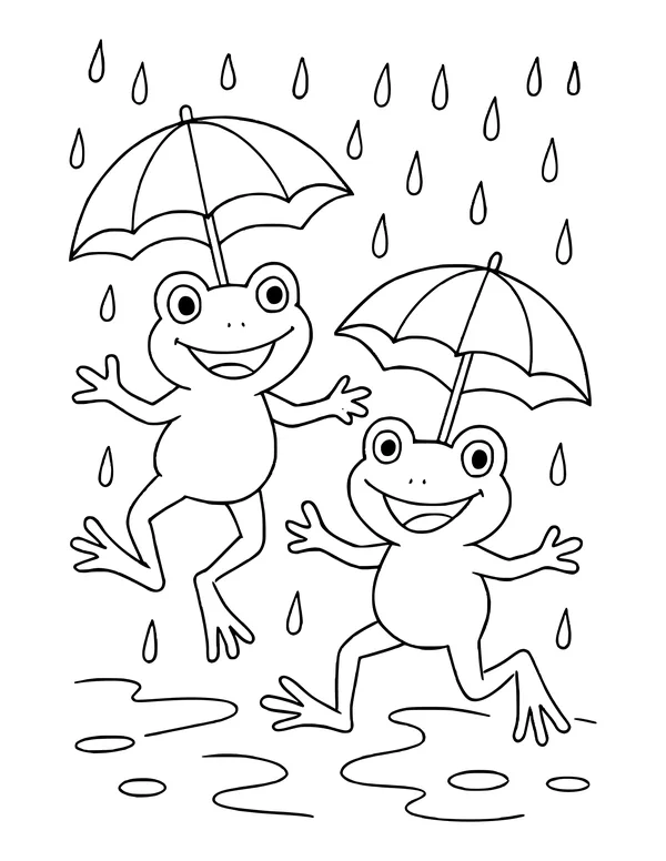 Two smiling frogs dancing under open umbrellas as rain falls on the puddles below