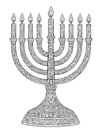 Ornate nine-branch menorah covered in decorative patterns