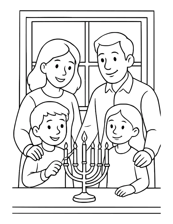 Family of four lighting a Hanukkah menorah in front of a window